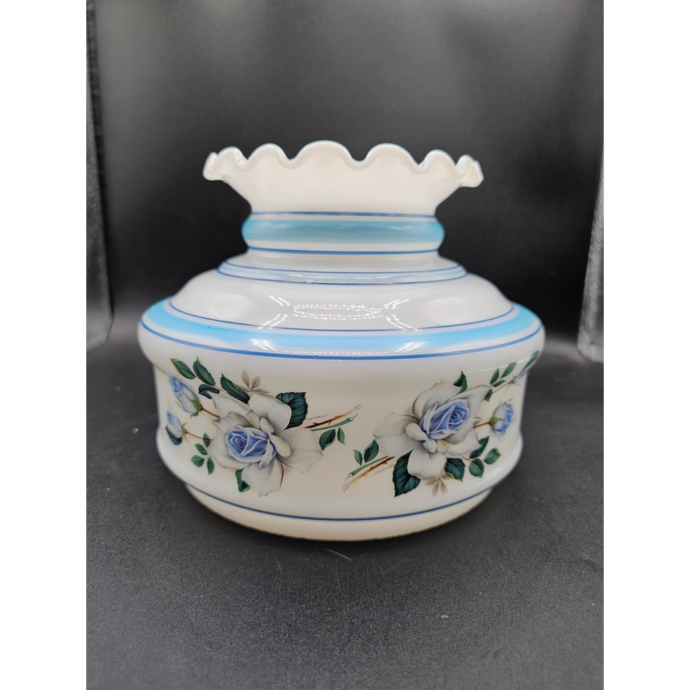 Vintage Milk Glass Hurricane Lamp Shade Blue Rose Floral Ruffled Edge 7in Fitter